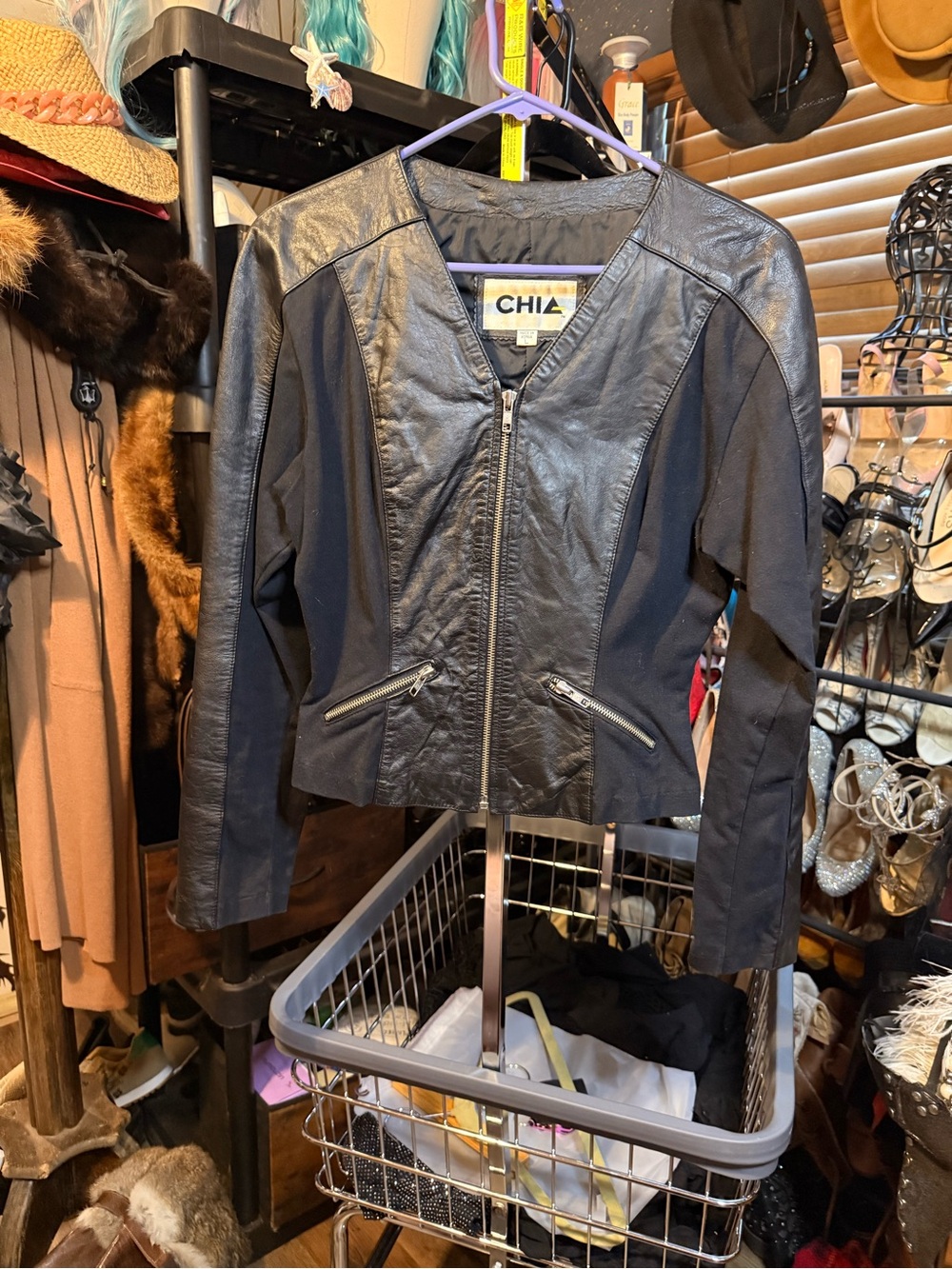 Vintage black Leather stretchy side, gusset Zip Jacket